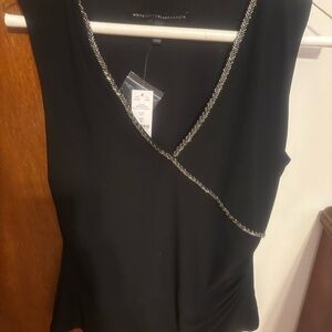 White House Black Market Black V-Neck Top with Silver Trim